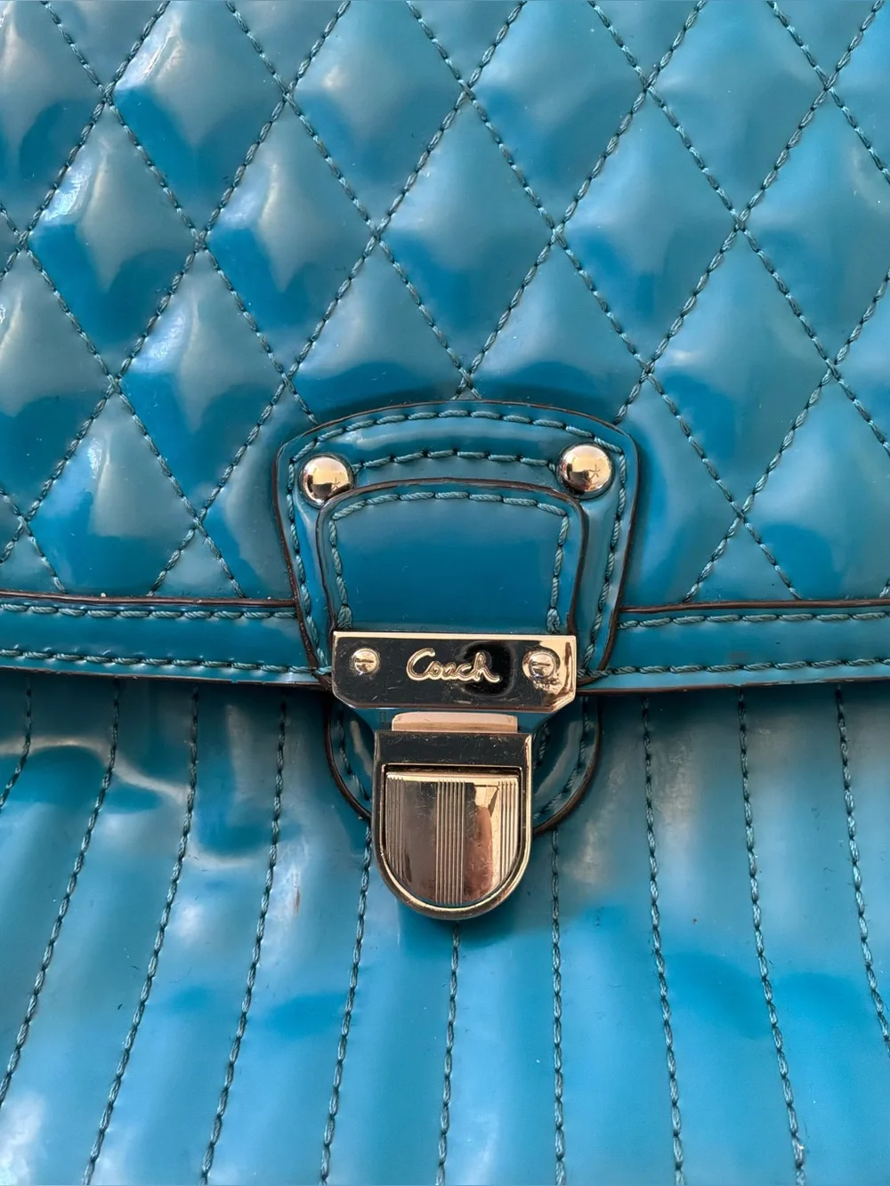 Coach Ashley Teal Patent Leather Quilted Tote Shoulder Bag Chain Strap Large